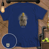 Porcupine with olives on head, holding a stick, text 