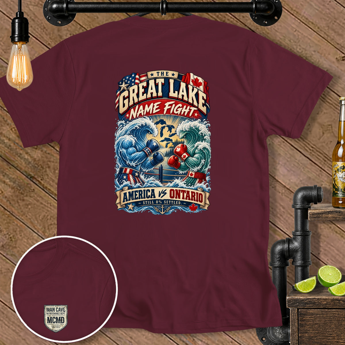 T-shirt graphic: boxing waves America vs Ontario, "Great Lake Name Fight".