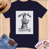 Navy t-shirt with graphic of woman holding clipboard, text 