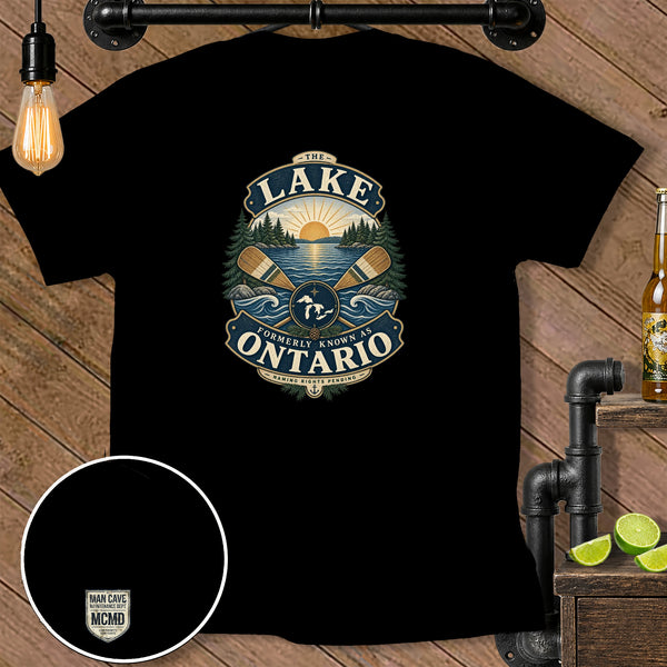 Black t-shirt featuring a circular graphic with "The Lake" and "Ontario" text.