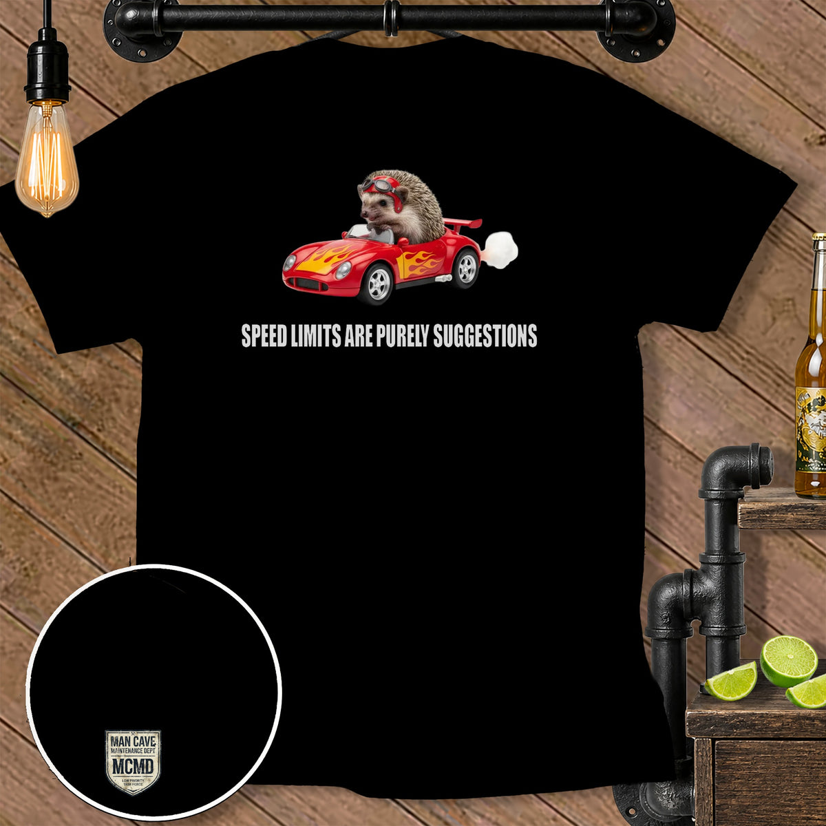 Hedgehog driving a red convertible with flames, text "SPEED LIMITS ARE PURELY SUGGESTIONS".