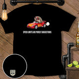 Hedgehog driving a red convertible with flames, text 