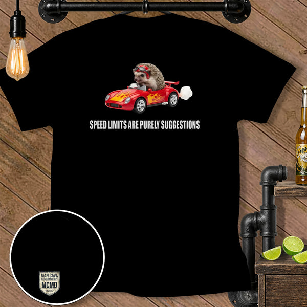 Hedgehog driving a red convertible with flames, text "SPEED LIMITS ARE PURELY SUGGESTIONS".