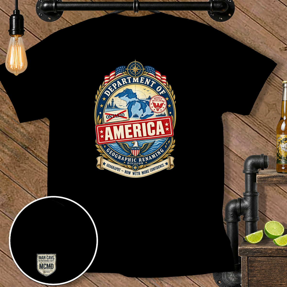 Black t-shirt with a "Department of America" badge featuring a map and eagle.