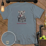 T-shirt with cartoon koala in robe holding wine and text 