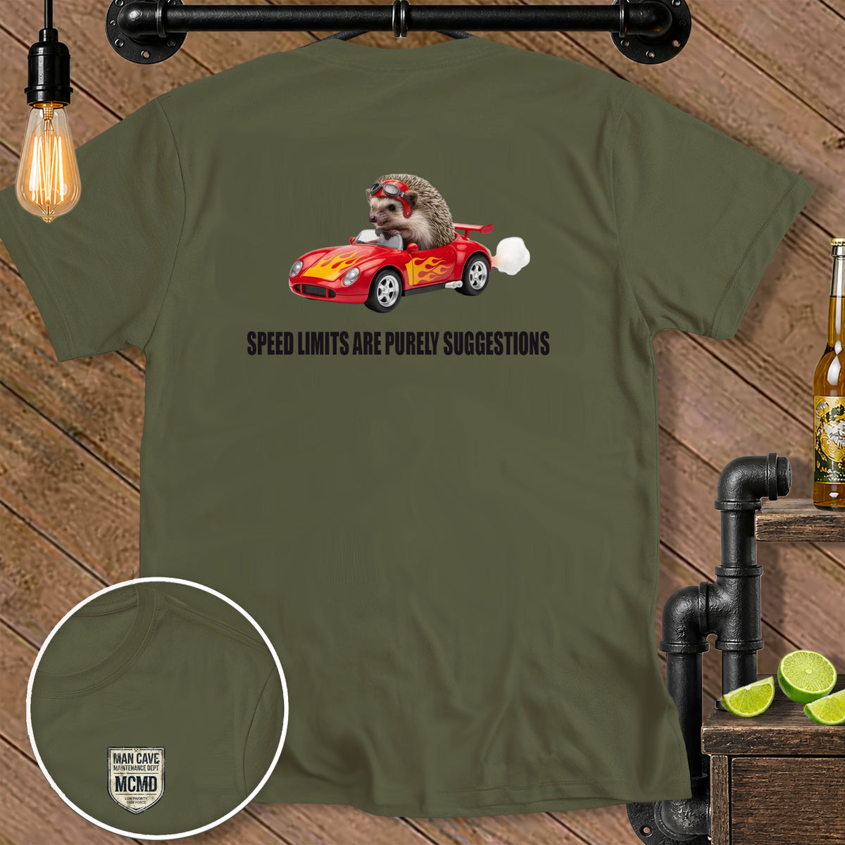 Hedgehog in red sports car graphic with text "Speed limits are purely suggestions".