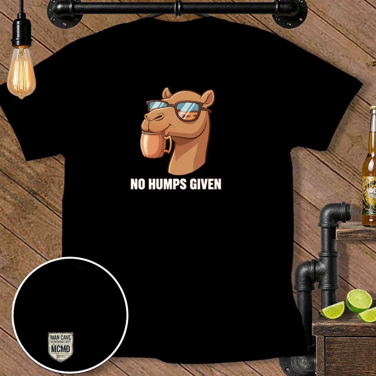 Cartoon camel wearing sunglasses holds a coffee mug with text "NO HUMPS GIVEN".