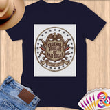 Navy t-shirt with circular Federal Bureau of Bad Ideas graphic, featuring an eagle and tools.