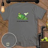 Gray t-shirt with a cartoon frog wearing a crown and the text 