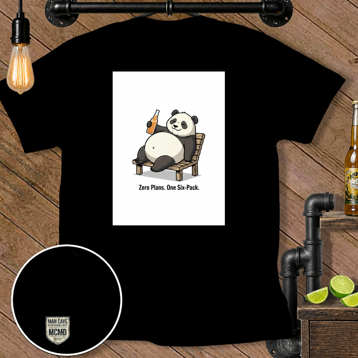 Cartoon panda sitting on a lounge chair with a drink, text "Zero Plans. One Six-Pack."