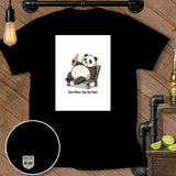 Cartoon panda sitting on a lounge chair with a drink, text 