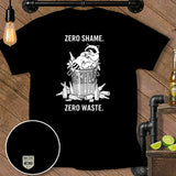 Black t-shirt with raccoon in trash bin and text 