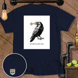 Dark t-shirt with a raven holding a key and text 