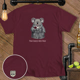 Maroon t-shirt with a happy koala in a bathrobe holding wine, text 