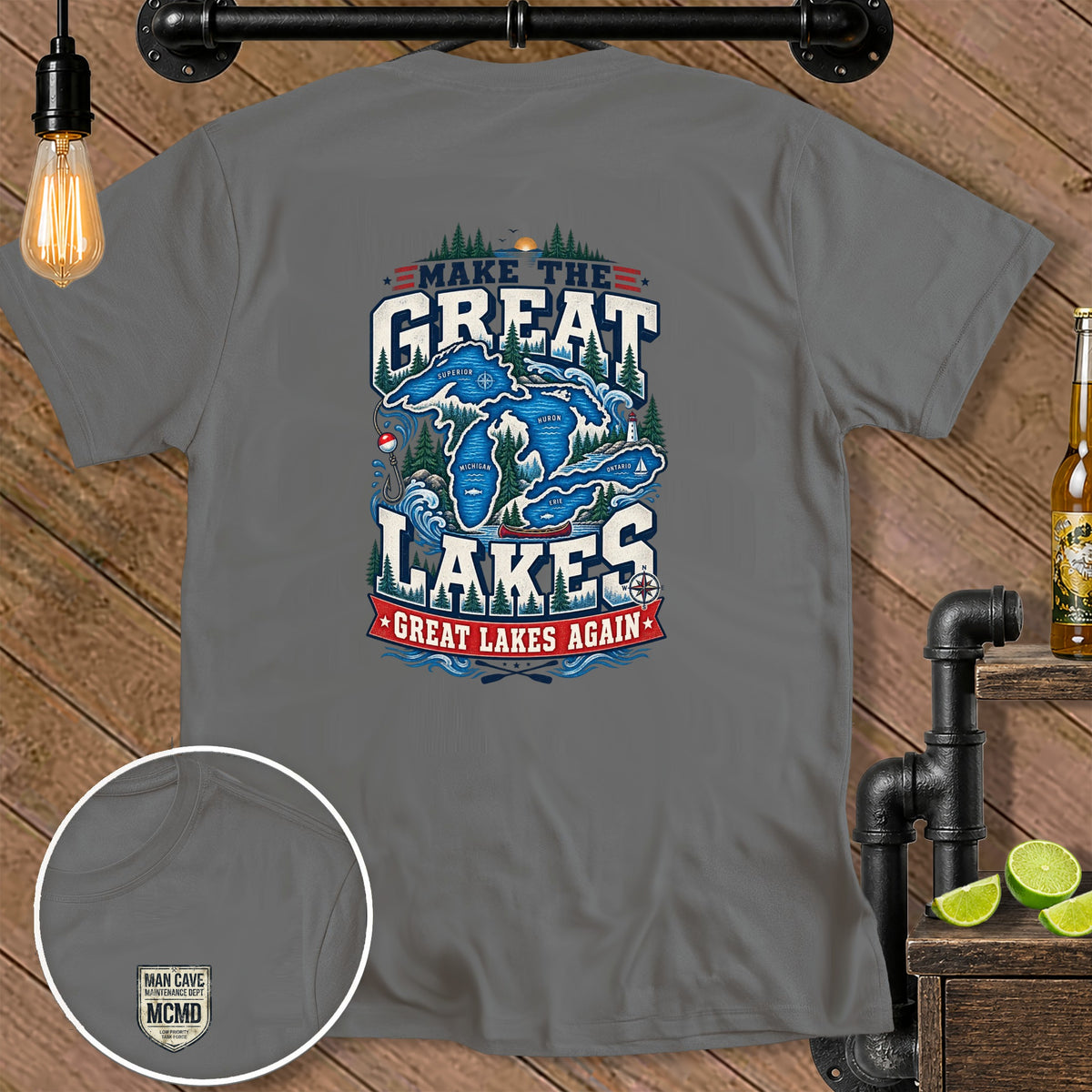 Gray t-shirt with "Make the Great Lakes Again" graphic and Great Lakes map.