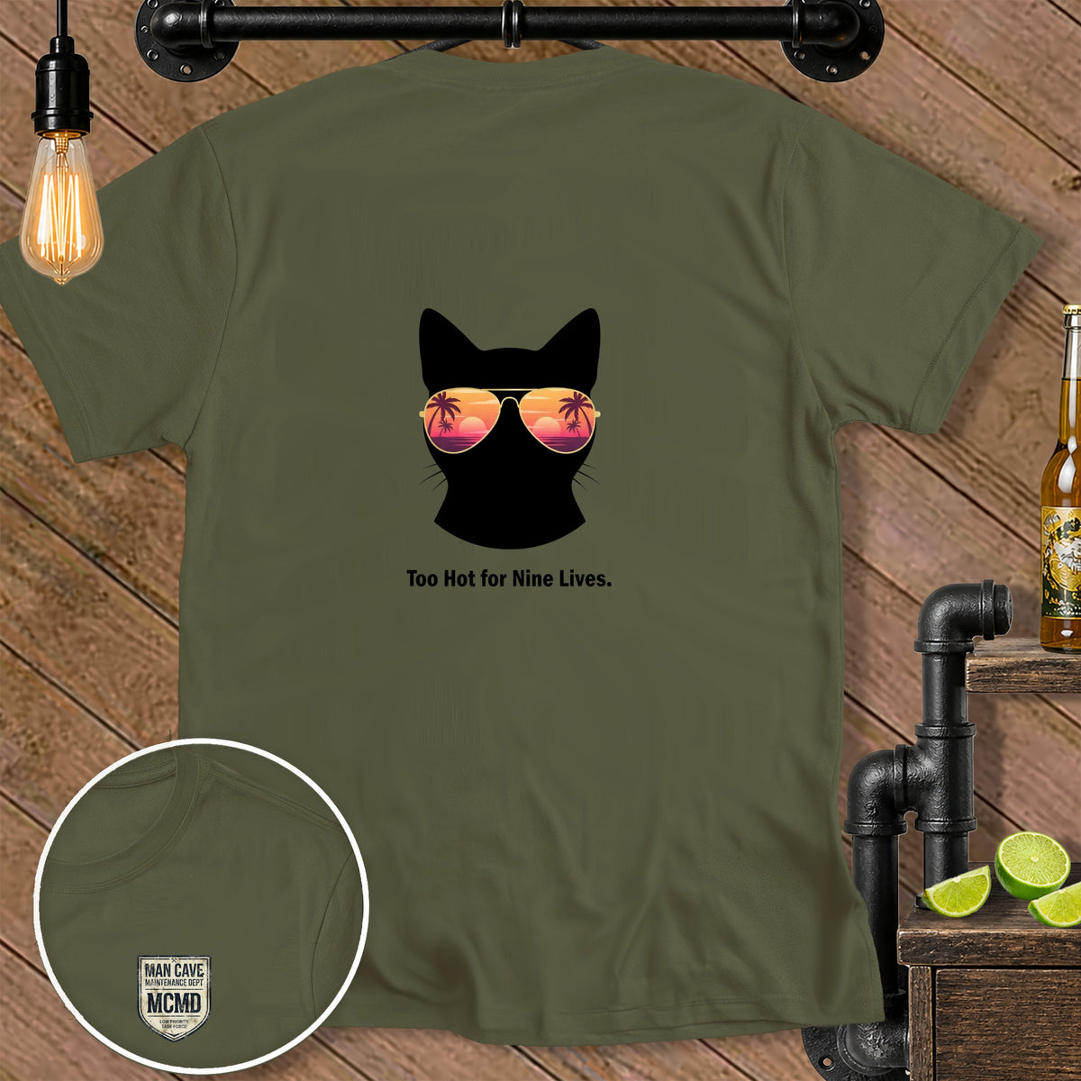 Black cat wearing sunglasses with a sunset scene, text "Too Hot for Nine Lives."