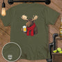 Moose in red scarf holding beer mug with "Man Cave Maintenance Dept" logo on shirt.