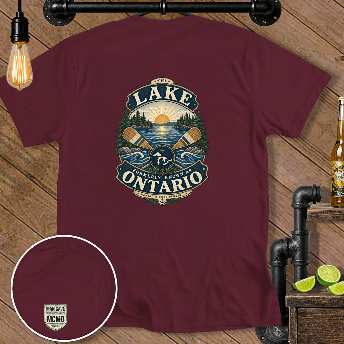 Maroon t-shirt with a graphic of "The Lake Formerly Known As Ontario".