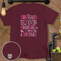Maroon t-shirt with "She Said Yes Probably A Mistake" graphic and "Man Cave Maintenance Dept MCMD" logo.