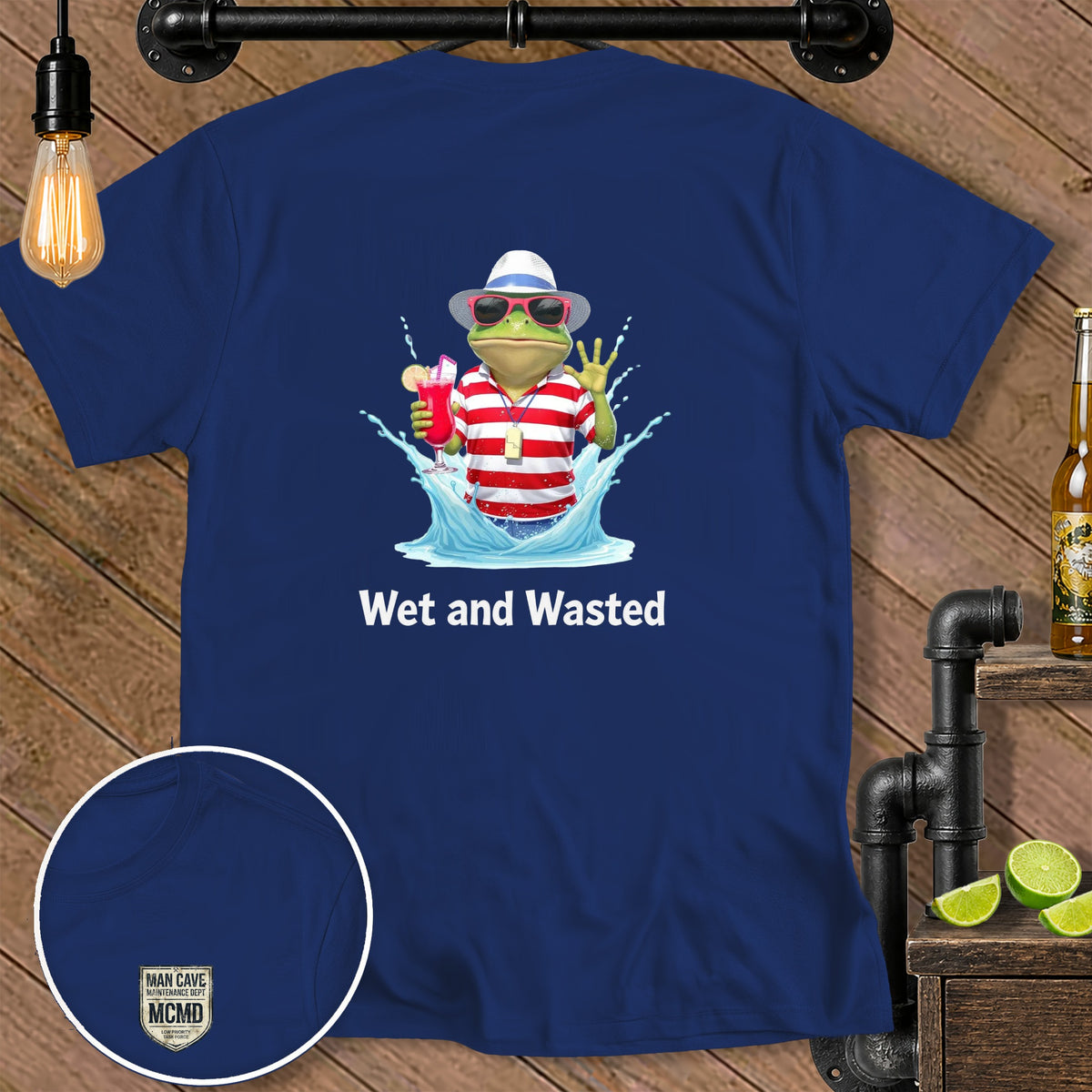Frog in sunglasses and hat holding drink, splashing water, with "Wet and Wasted" text.