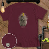 Maroon t-shirt with a porcupine holding a toothpick and olives, text reads 