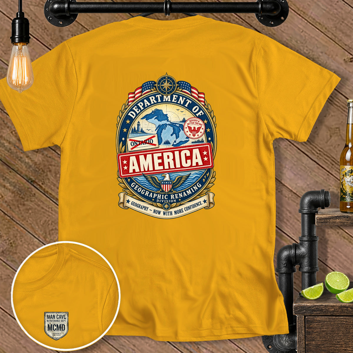 Yellow t-shirt with "Department of America Geographic Renaming Division" emblem.