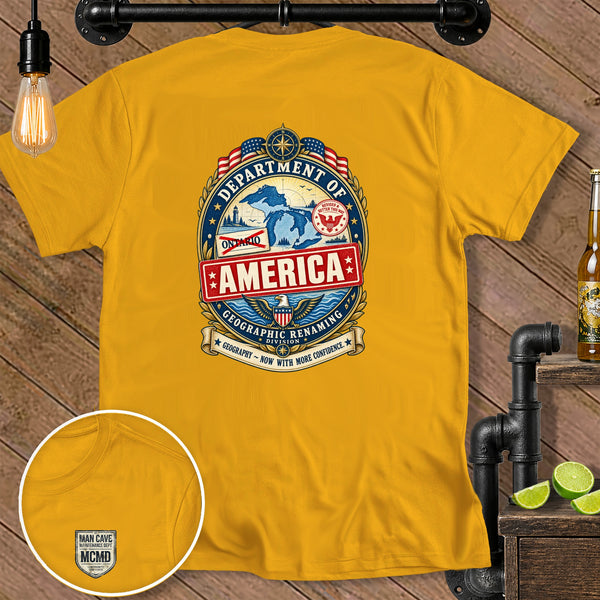 Yellow t-shirt with "Department of America Geographic Renaming Division" emblem.