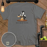 Penguin pouring whiskey, text 