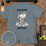 Grey t-shirt with raccoon in trash bin, text 