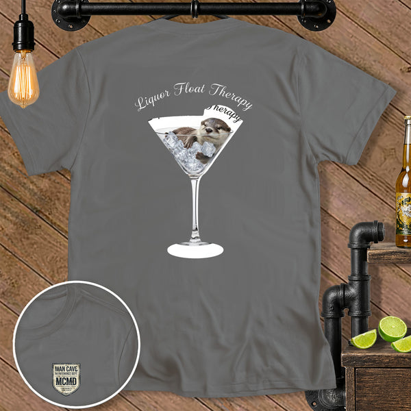 Gray t-shirt with a martini glass, ice, and otter, and "Liquor Float Therapy" text.
