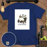 Navy t-shirt with cartoon panda holding beer, text 
