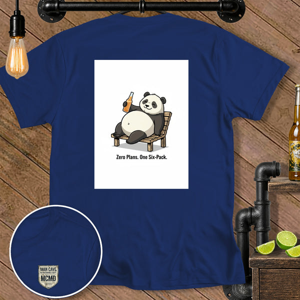 Navy t-shirt with cartoon panda holding beer, text "Zero Plans. One Six-Pack."