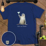 Navy blue t-shirt with a seal holding a martini and text 