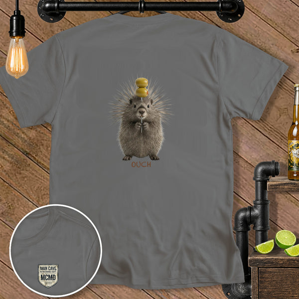 T-shirt with porcupine holding a skewer of olives and the word "OUCH"