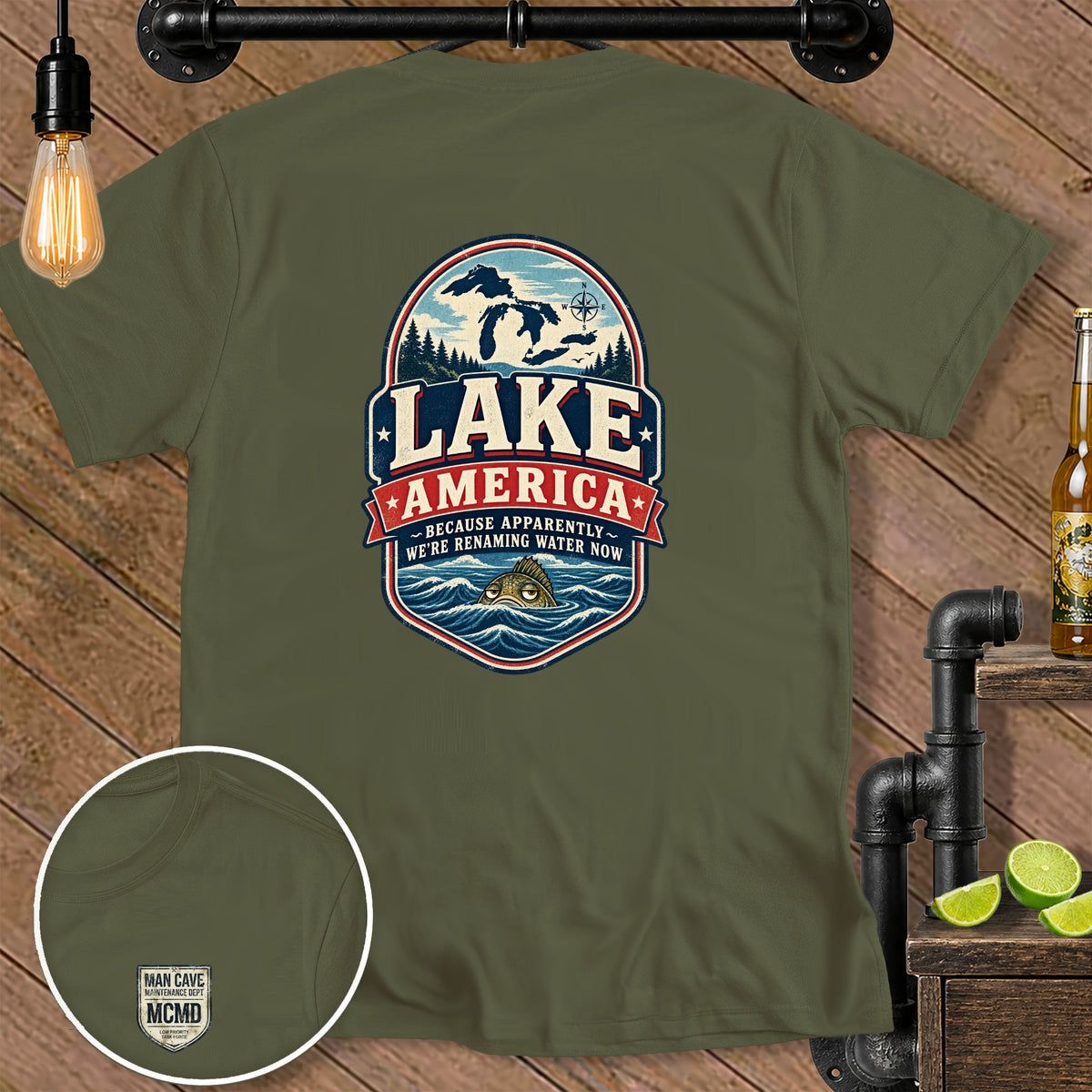 Green t-shirt with "Lake America" graphic featuring Great Lakes and a grumpy fish.