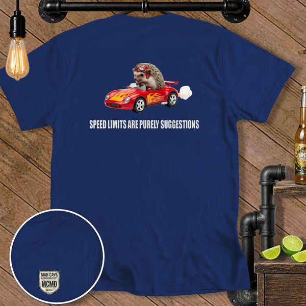 Hedgehog driving a red convertible with flames and text "SPEED LIMITS ARE PURELY SUGGESTIONS".