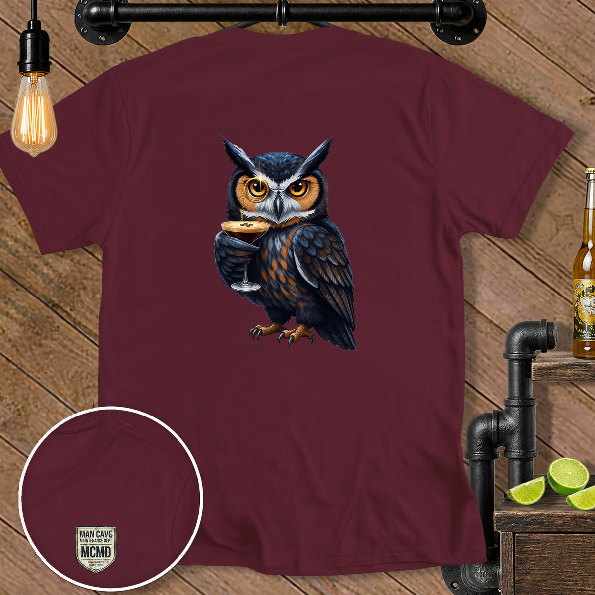 T-shirt with an owl holding a cocktail and a circular embroidered patch.