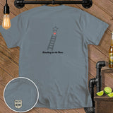 Grey t-shirt with ladder, heart, and star design, and 