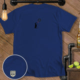 Navy blue t-shirt with a sketched penguin, heart, and sun design.