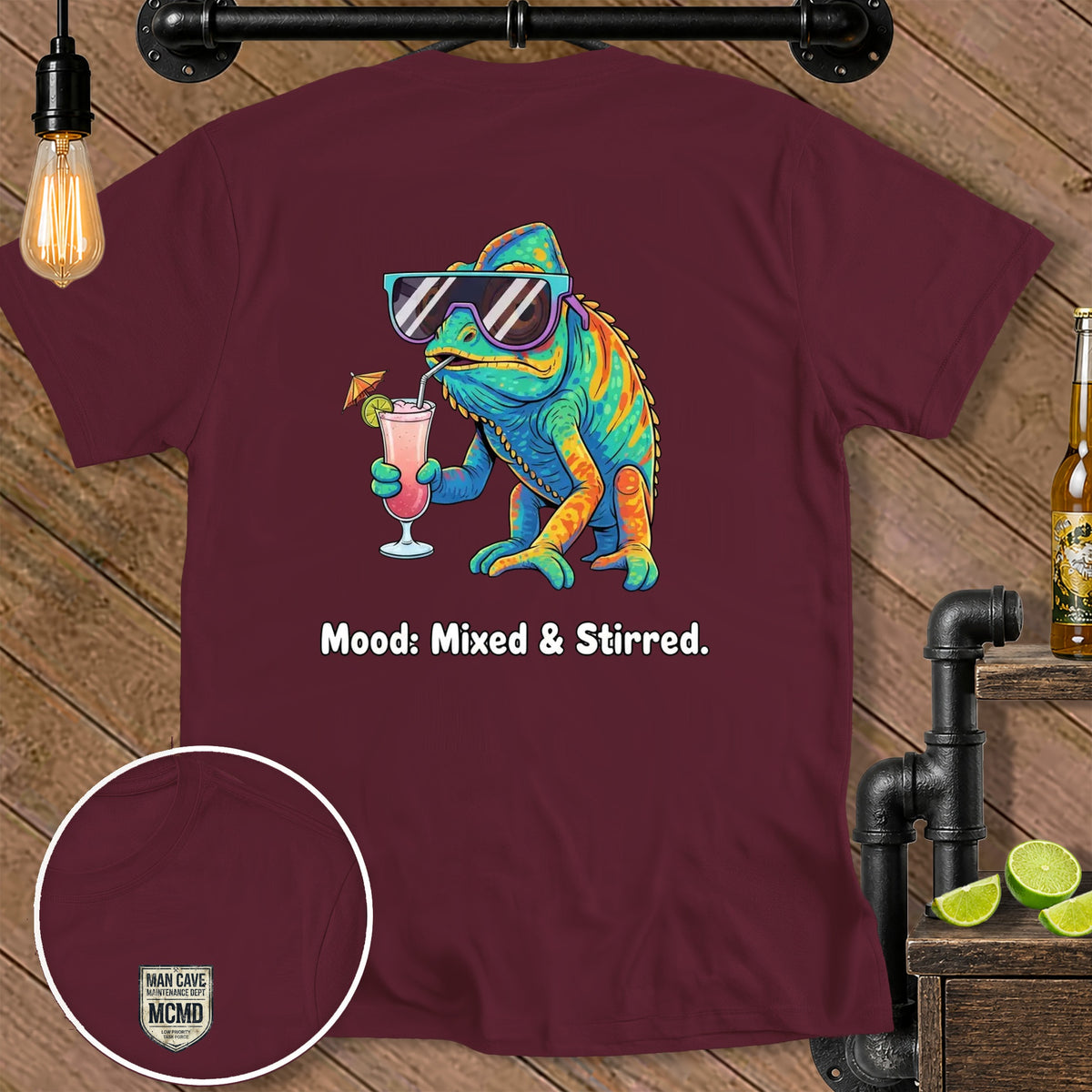 Maroon t-shirt with a colorful chameleon drinking a cocktail, text reads "Mood: Mixed & Stirred."