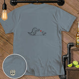 Gray t-shirt with cartoon alligator, bird, and heart graphic. Inset shows logo.