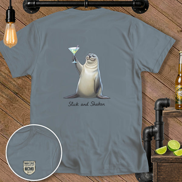 Gray t-shirt with a seal holding a martini and the text "Slick and Shaken."