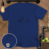 Dark blue t-shirt with a line drawing of an alligator and a bird with a heart.