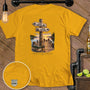 Yellow t-shirt with a dock, lake, and signpost graphic reading "Lake America" and "Lake Ontario."