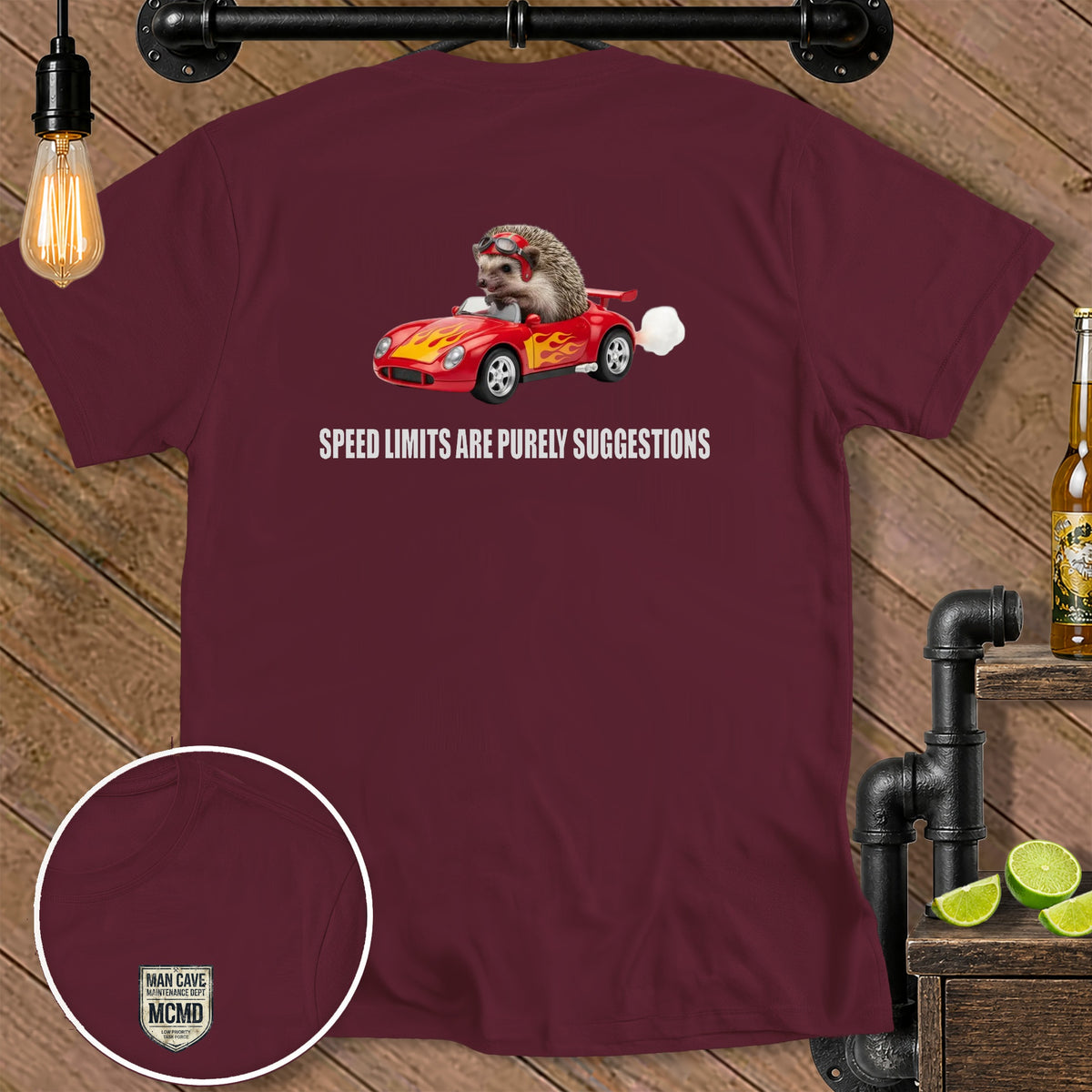 Maroon t-shirt with hedgehog in a race car graphic and text: "SPEED LIMITS ARE PURELY SUGGESTIONS"
