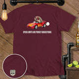 Maroon t-shirt with hedgehog in a race car graphic and text: 