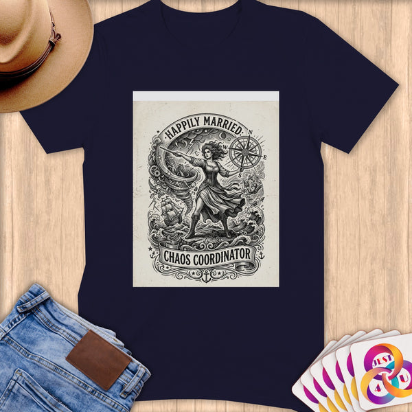 Navy t-shirt with "Happily Married Chaos Coordinator" graphic art.