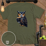 Olive green t-shirt with owl holding martini and 