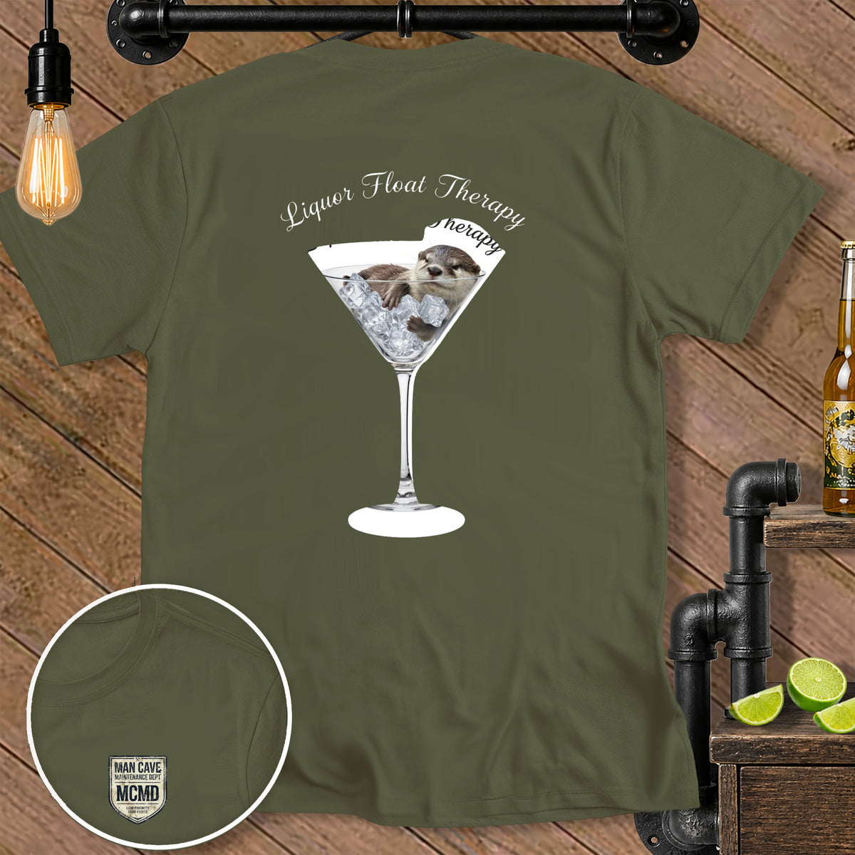 Olive t-shirt with otter in martini glass and "Liquor Float Therapy" text.