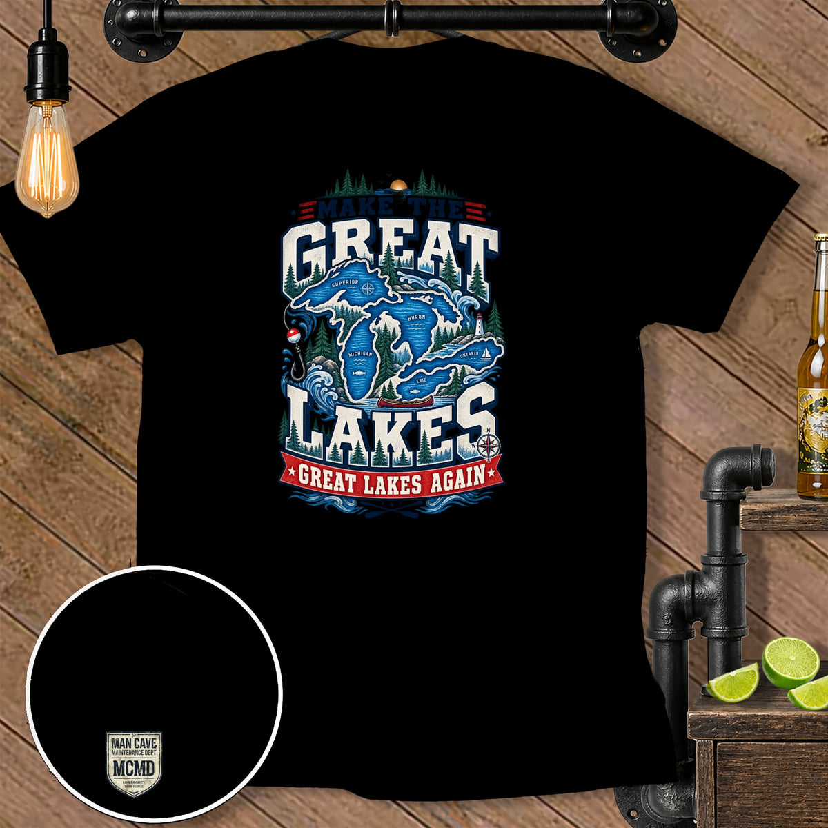 Black t-shirt with "Make The Great Lakes Great Lakes Again" text and Great Lakes map graphic.